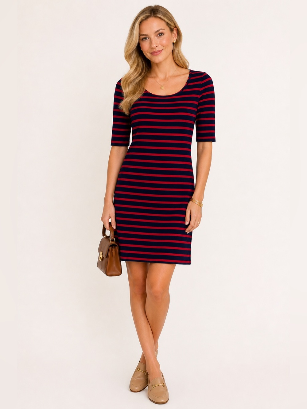 Ralph Lauren Black Label Mercerized Cotton‎ Navy & Red Striped Dress Sz. L